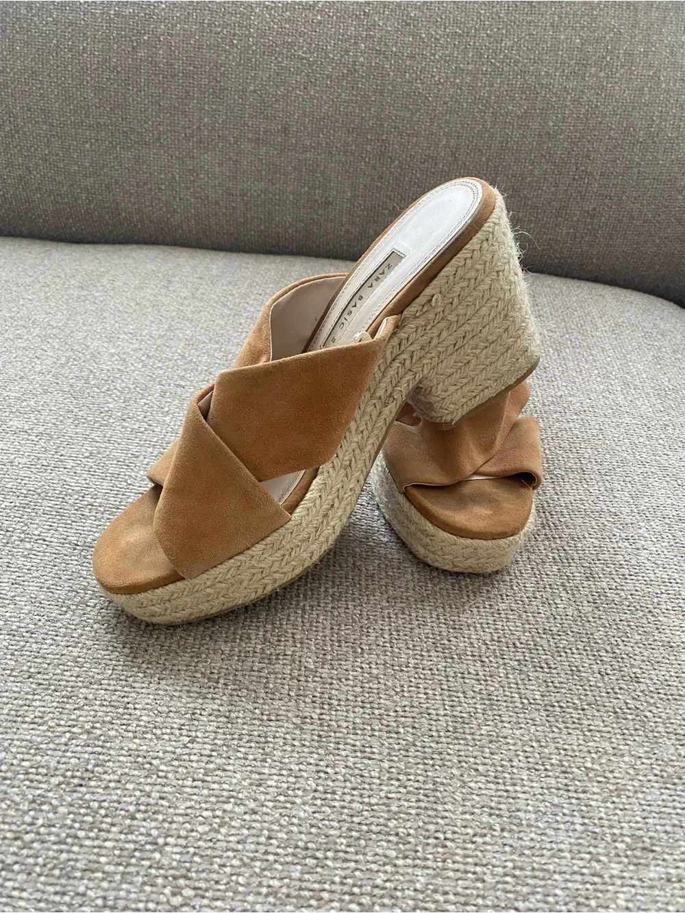 Zara Camel Suede Crossband Espadrille Wedge Slides